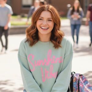 Green Sweatshirt and matching Shorts with Pink 'Sunshine Vibes' Print